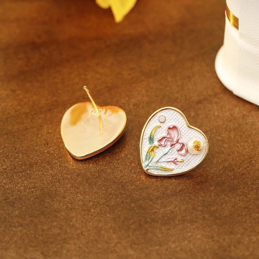 Hand Painted Iris Heart Stud Earrings