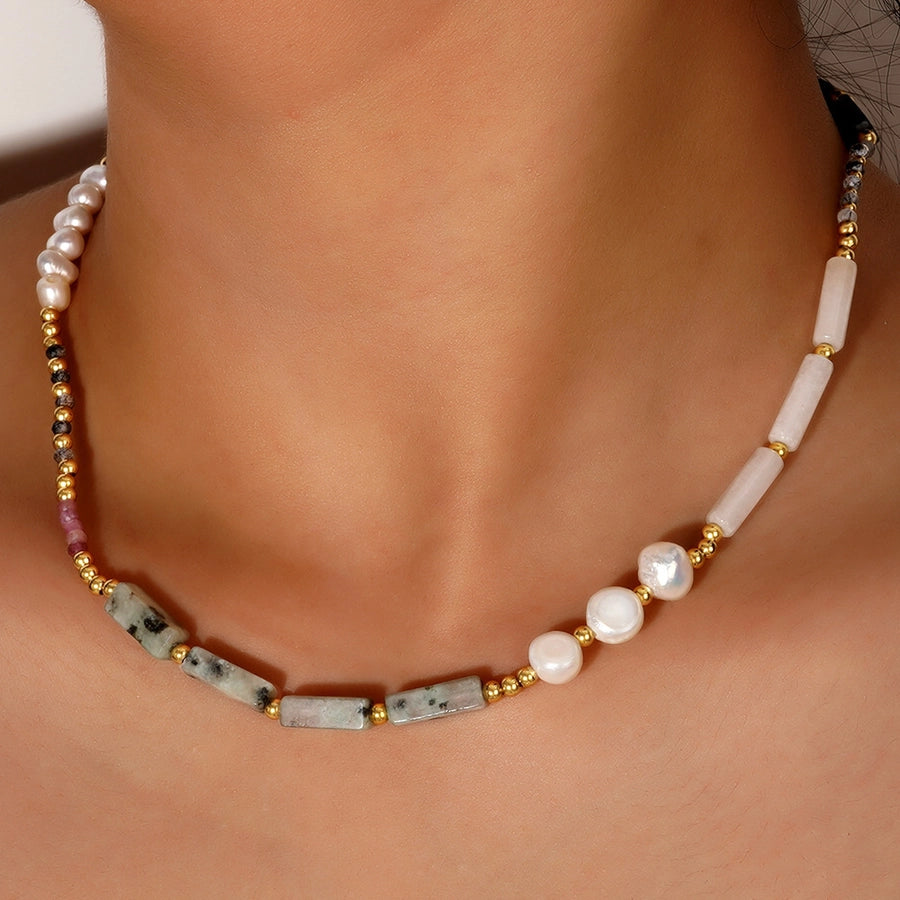 Boho Gemstone & Pearl Beaded Necklace