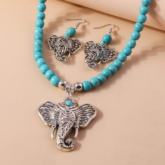 Turquoise Elephant Beaded Jewelry Set