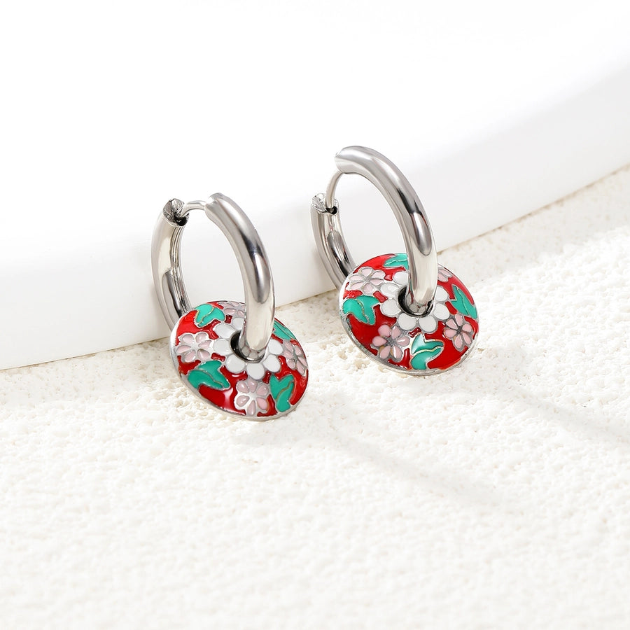 Vintage Art Floral Enamel Hoop Earrings