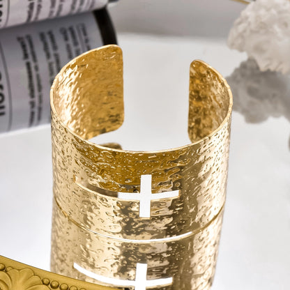 Cross Hammered Gold Cuff Bracelet