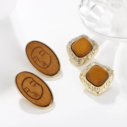 Vintage Engraved Wooden Stud Earrings