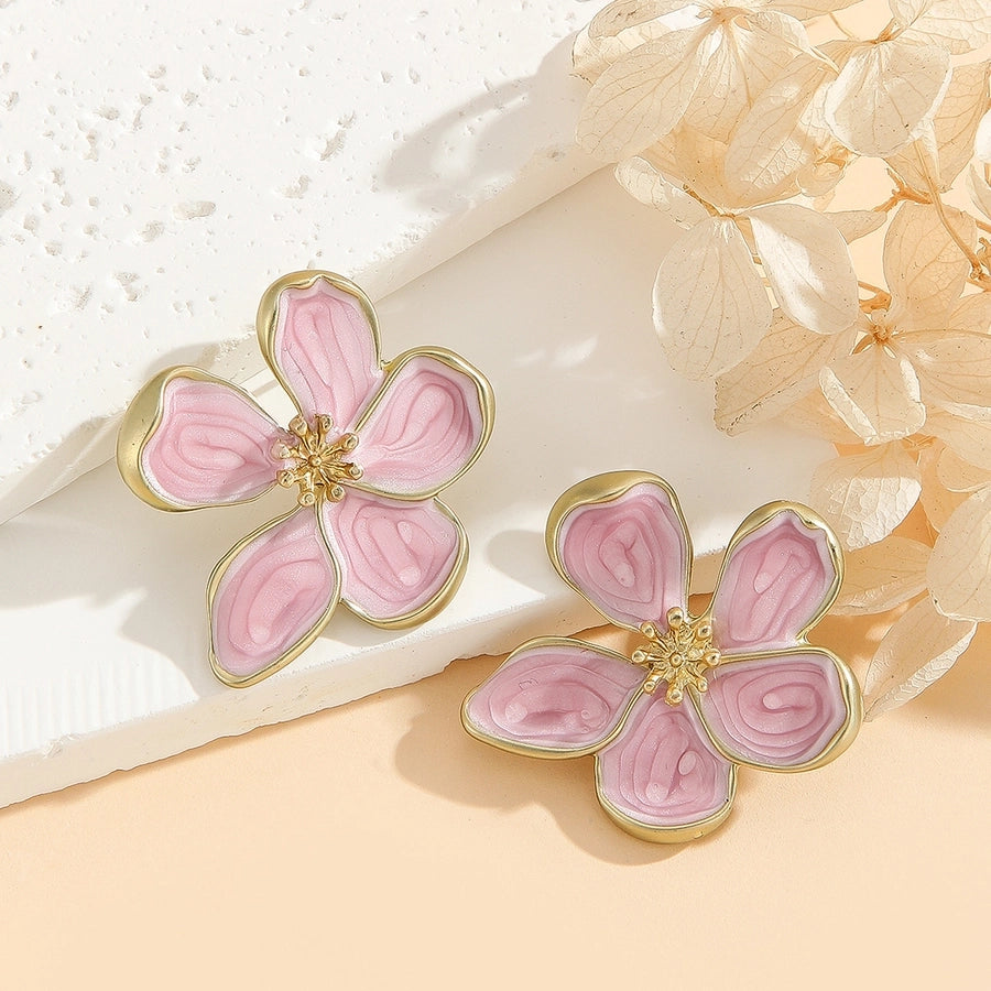 Pink Enamel Flower Stud Earrings