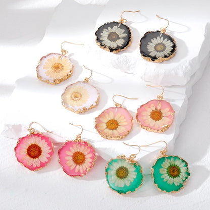 Colorful Pressed Daisy Resin Dangle Earrings