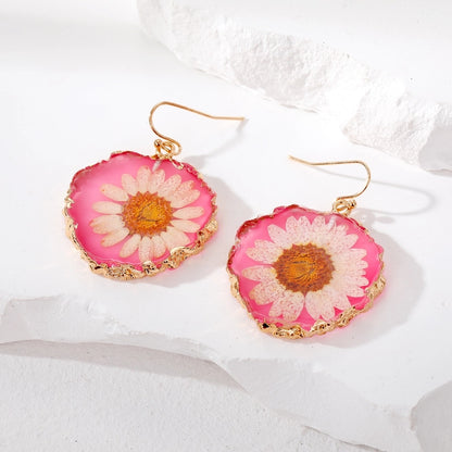 Colorful Pressed Daisy Resin Dangle Earrings