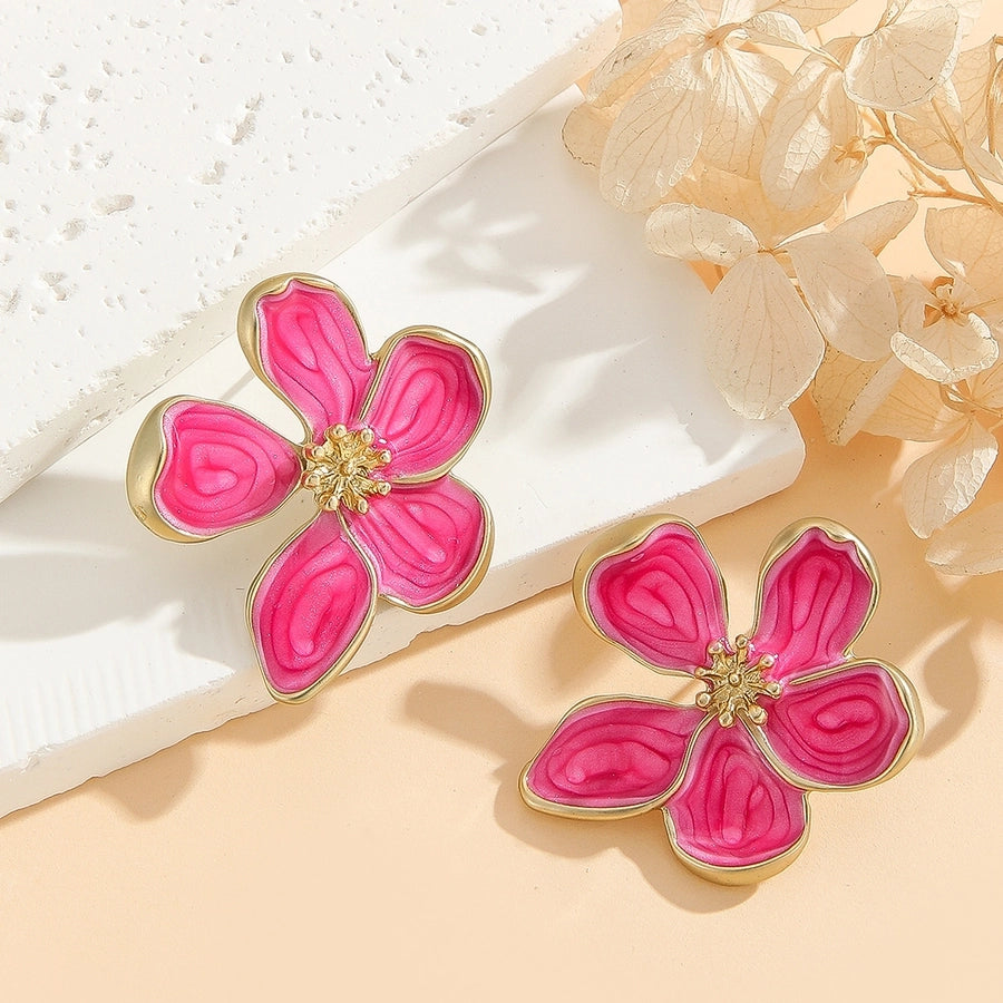 Pink Enamel Flower Stud Earrings