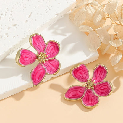 Pink Enamel Flower Stud Earrings