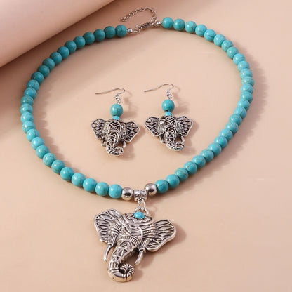 Turquoise Elephant Beaded Jewelry Set