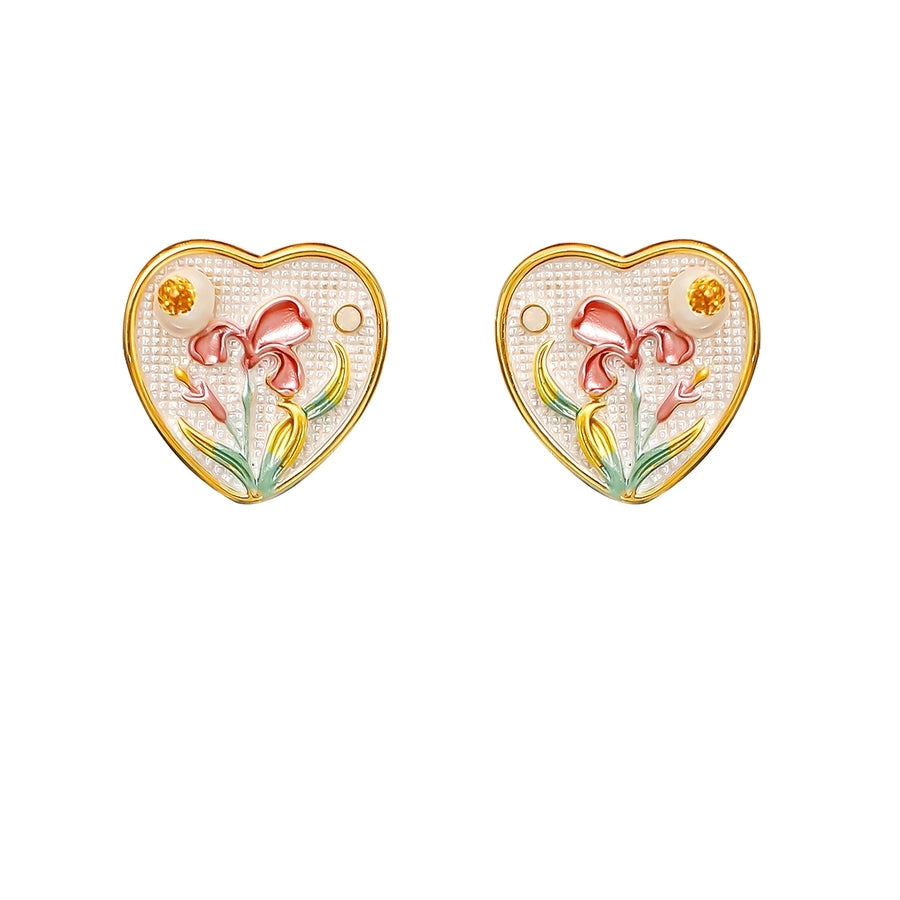 Hand Painted Iris Heart Stud Earrings