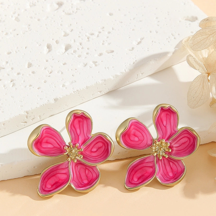 Pink Enamel Flower Stud Earrings