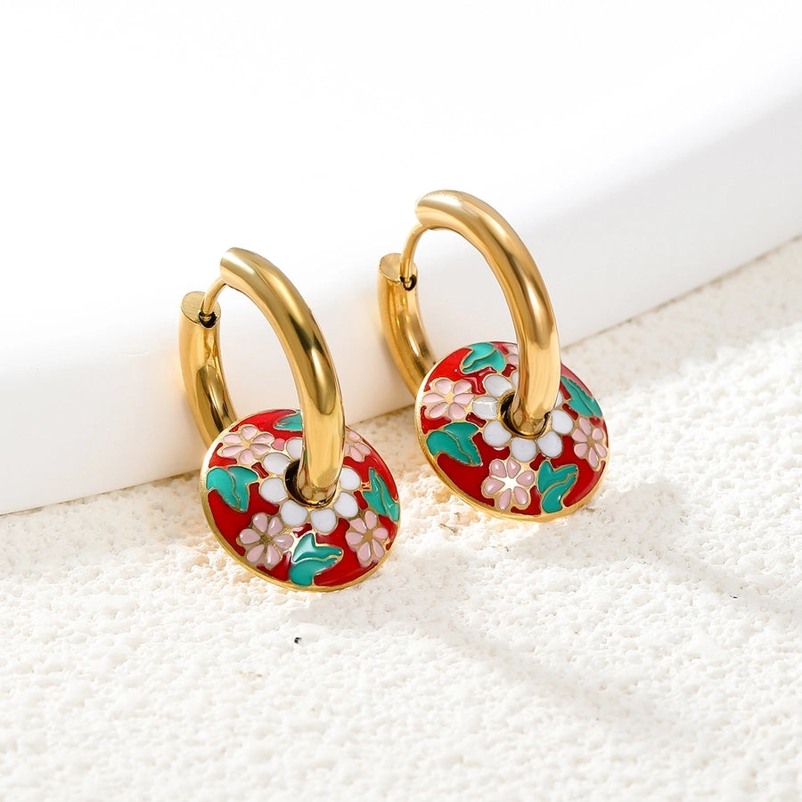 Vintage Art Floral Enamel Hoop Earrings