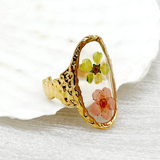 Vintage Pressed Flowers Resin Open Ring