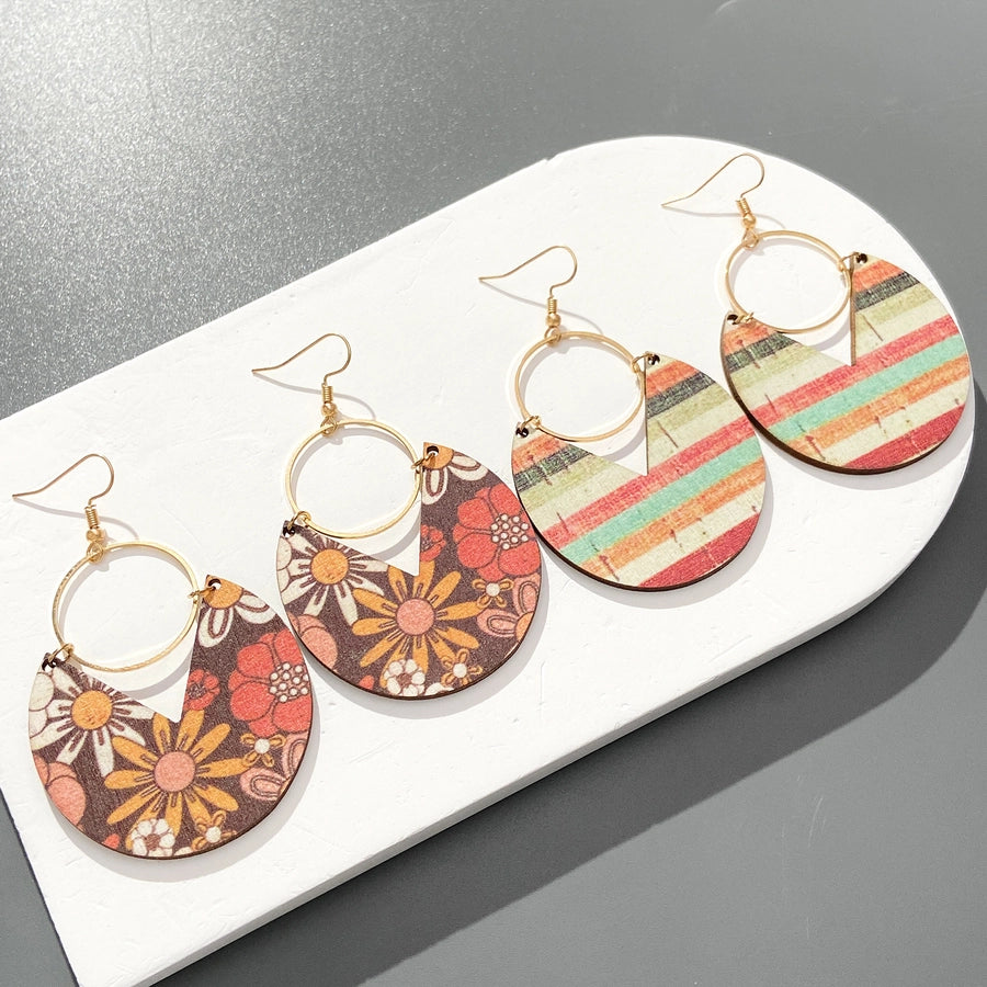 Retro Floral Wood Dangle Earrings