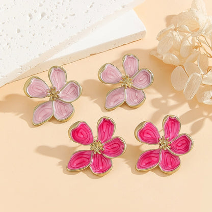 Pink Enamel Flower Stud Earrings