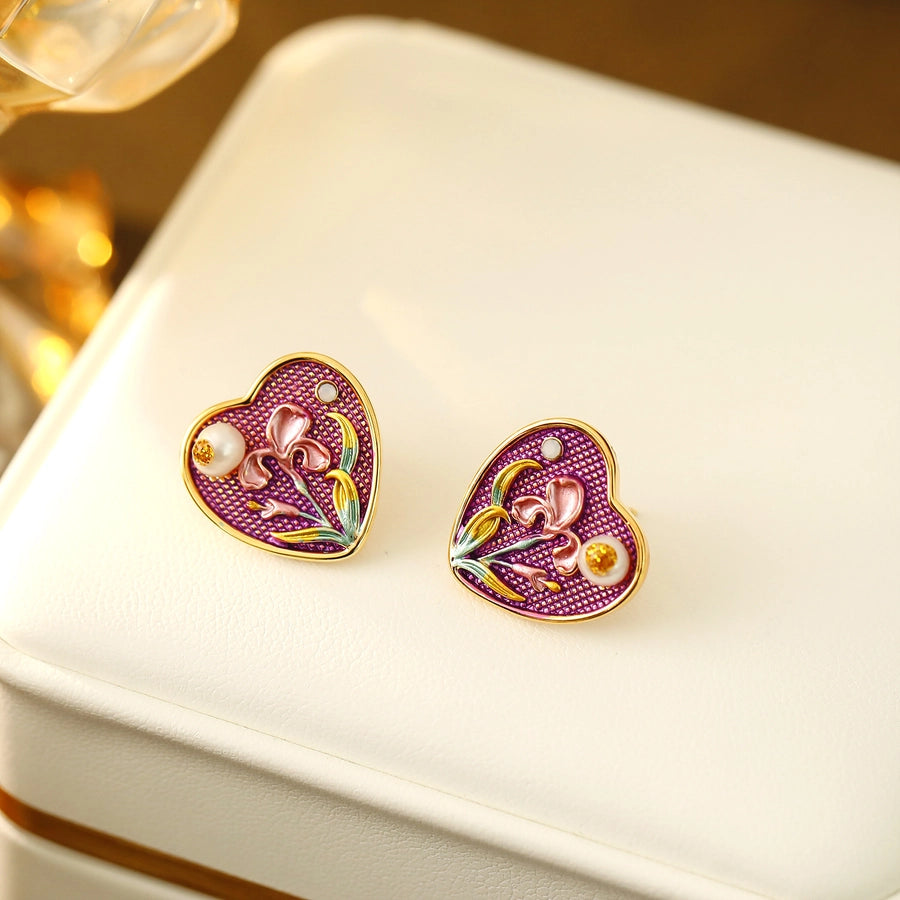 Hand Painted Iris Heart Stud Earrings