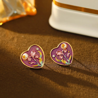 Hand Painted Iris Heart Stud Earrings