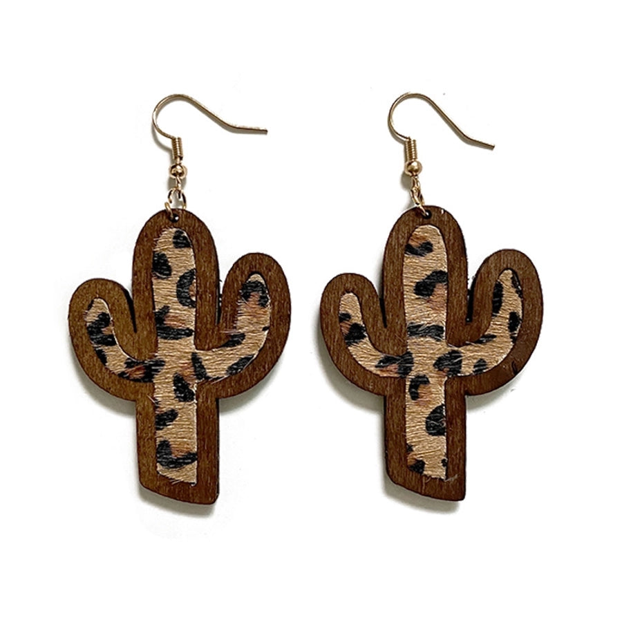 Cowhide Cactus Wooden Dangle Earrings