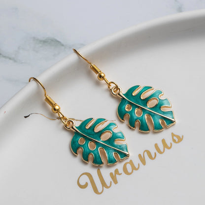 Monstera Teal Enamel Dangle Earrings