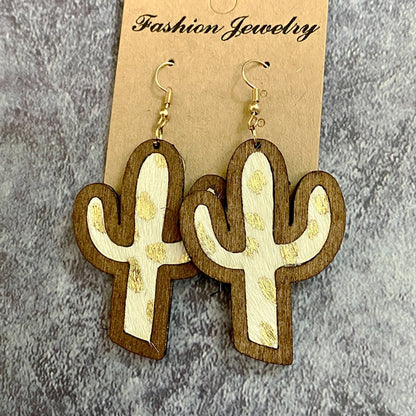 Cowhide Cactus Wooden Dangle Earrings